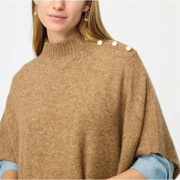 J. CREW Factory Button Neck Poncho Heathered Acorn Tan One Size NWT {B17} - Picture 2 of 4